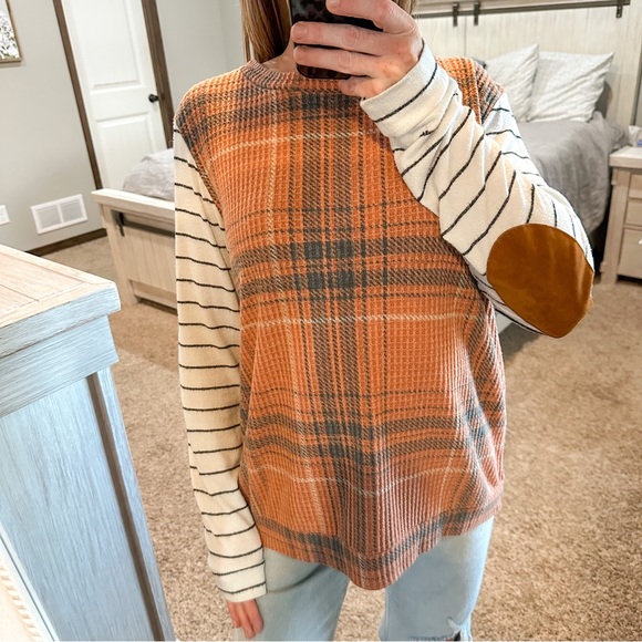 7th Ray Tops - 7th Ray Orange Plaid Long Sleeve Elbow Patch Top Size Large